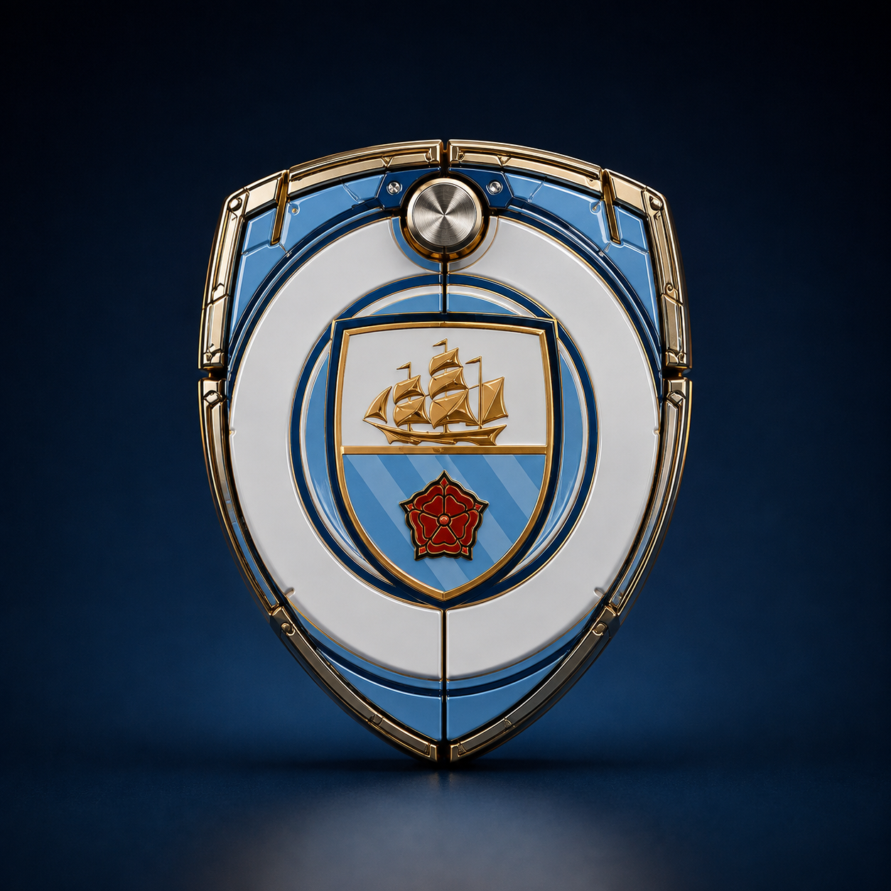 Closed blue and gold mechanical shield